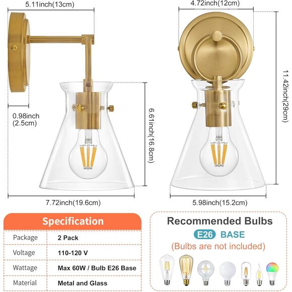 Gold Wall Sconces Set of 2 Modern Vanity Light Fixtures for Bathroom Wall Mount - Picture 6 of 9